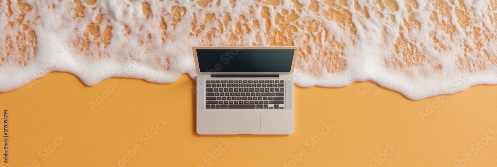 Poster coastal tech vibes sleek laptop on sandy beach with ocean waves - remote work branding and digital f