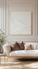Naklejka premium Elegant Living Room Interior with White Sofa and Abstract Art