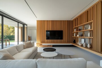Modern living room with wooden wall, sectional sofa, and TV.
