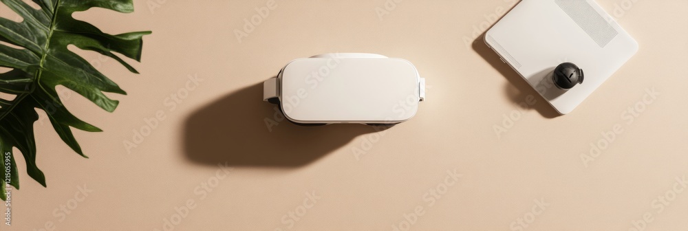 Poster minimalist vr workstation sleek white headset and controller on beige surface virtual reality market