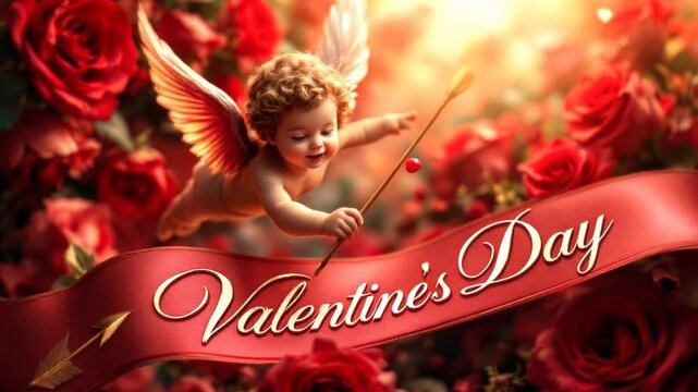 breathtakingly vibrant and dramatically lit cinematic photograph of San Valentin Day capturing Cupid the mythological cherub in mid-flight surrounded by a lavish arrangement of velvety red roses