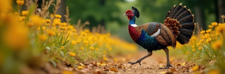Fototapeta premium Pavo real con cuello largo y cabeza colorada caminando por un sendero de tierra, riego, pavo real, tierra