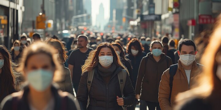 Anonymous crowd walks city street. People wear masks. Busy urban scene. Spring day. City life during pandemic. Public health precaution. Daily routine. New York City. Urban environment. Public