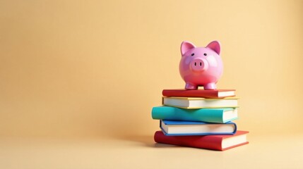 A piggy bank rests atop a stack of colorful books, symbolizing the cost of education and the importance of saving for tuition and learning resources.
