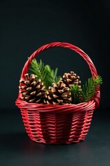 Pinecones in a red Christmas basket on dark background, basket, christmas