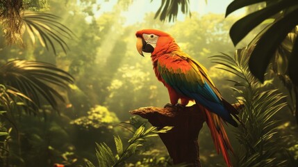 A vibrant macaw perched on a branch in lush green rainforest scenery