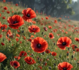 Obraz premium Autumn red poppies swaying gently in a breeze, meadow, swaying flowers