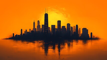 Cityscape sunset reflection, urban lake, fiery sky, digital art, website banner
