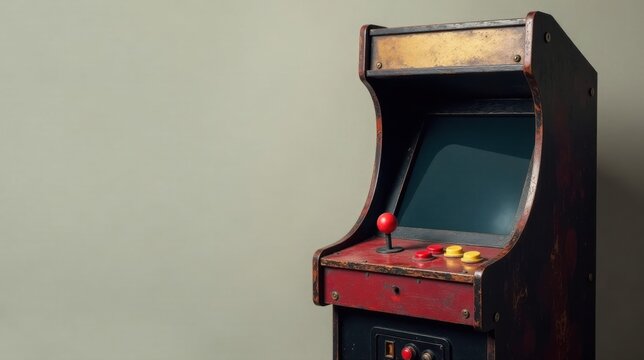 A weathered arcade game cabinet, showcasing its vintage charm and classic control panel design, stands against a muted background.