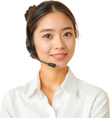 Young female call center operator wearing a headset isolated on transparent background