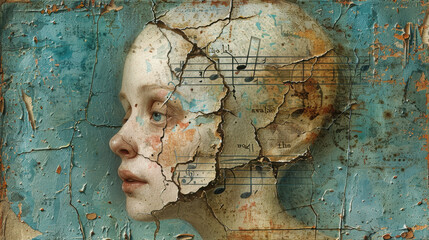 Girl whose head is cracked open in the middle with song notes coming out of the middle top of her head where the crack is, texture.