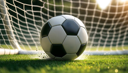 Fototapeta premium Soccer, Football, Goal, World Cup 2025, USA, Cinematic Movement, Green Background, Water Splashes. Championship, Tournament. Professional, Victory, Sport, Scoring