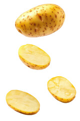 A potato captured mid-air with a blurred background and a focus on its unique shape and texture isolated on transparent background.