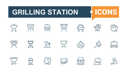 Grilling Station icons set in linear style. Includes icons for cook, ham, barbeque, eat, knife, party, sausage, hot. Outline icon. Editable stroke.
