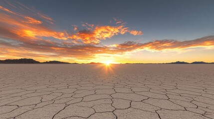 Sunset over cracked earth desert landscape calm