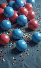 Balloons and confetti scattered on blue tablecloth, background, balloons bunting
