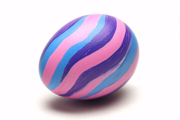 Fototapeta premium Single colorful Easter egg with pink, blue and purple stripes on white background