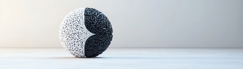 A black and white textured sphere representing unity and duality in design.
