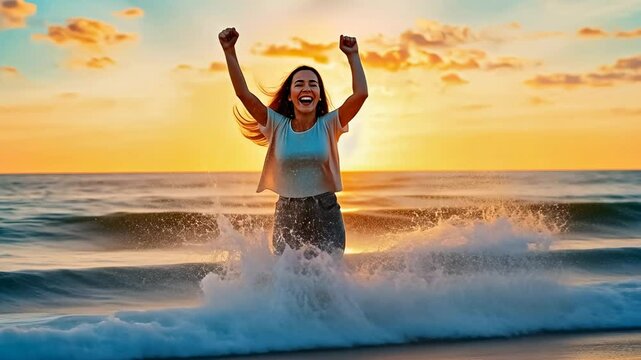 Young woman joyfully jumping sandy beach sunset.Joy,freedom expressed energetic leap setting sun.Female experiencing elation seaside surroundings tranquil evening.