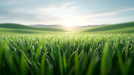 Fototapeta premium Bright Sunrise Over Lush Green Grass Landscape with Soft Lighting