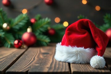 Red Christmas cap on wooden table with ornaments, wood, festive,