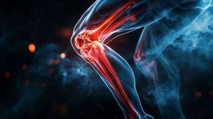 A glowing representation of a knee joint with highlighted anatomy.
