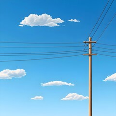 Fototapeta premium Cloudy Sky with Power Lines and Electric Pole in Bright Blue Atmosphere