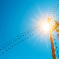 Fototapeta premium Bright Sunlight Overhead with Power Lines and Palm Tree Fronds