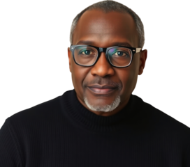 Middle aged black African American man with eyeglasses wearing a black sweater isolated on transparent background