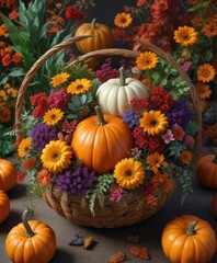 Basket of colorful plants with a large pumpkin in the center, flowers, decorative items, home decor