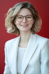 Fototapeta premium Confident Professional Woman with Glasses Smiling in Stylish Modern Office Setting