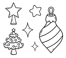 Christmas tree decorations, Christmas tree, snowflake, star, vector elements, coloring book, simple hand drawings, holiday decor, line art, cute elements, decor, winter, holidays