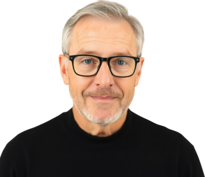 Middle aged German man with eyeglasses wearing a black sweater isolated on transparent background