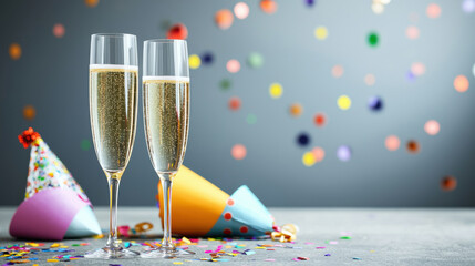 Two champagne glasses celebrate a special occasion with colorful confetti and party hats.