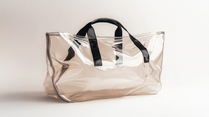 Stylish clear tote bag with black handles on a white background