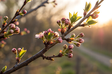Tree Branch with Budding Flowers at Sunset, Spring Awakening and Nature Rebirth Concept