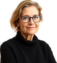 Middle aged German woman with eyeglasses wearing a black sweater isolated on transparent background