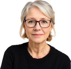 Fototapeta premium Middle aged German woman with eyeglasses wearing a black sweater isolated on transparent background