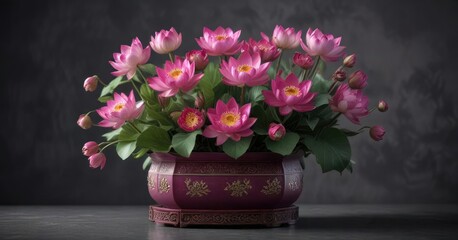Beautifully styled bouquet of Chinese magenta lotus flowers in a decorative container, bouquet, flowers, elegant