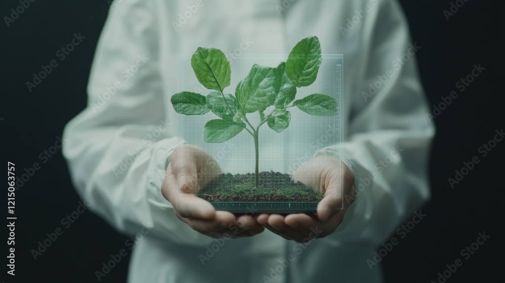 Poster Innovative Holographic Eco-Display Scientist in Lab Coat Observes Plant Growth on Digital Interface - Revolutionizing Environmental Science and Advanced Ecosystem Research