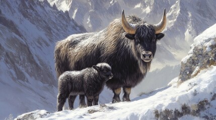 Yak and Calf in a Snowy Mountain Landscape Painting Detailed