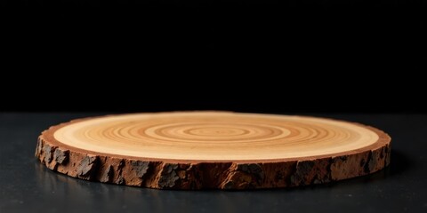 A rustic wooden slice, ideal for product display or culinary presentations, showcasing natural wood grain and bark texture on a dark background.
