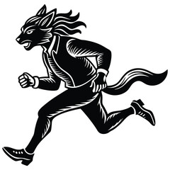 Illustration of a wolf character running in a suit, combining animal and human traits for a dynamic, fierce design.