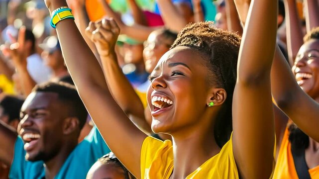 Young African woman American cheering sports event sunny outdoor stadium Cheerful crowd celebrating sunlit arena Fans enjoying daytime match Vibrant atmosphere lively Excitement and joy
