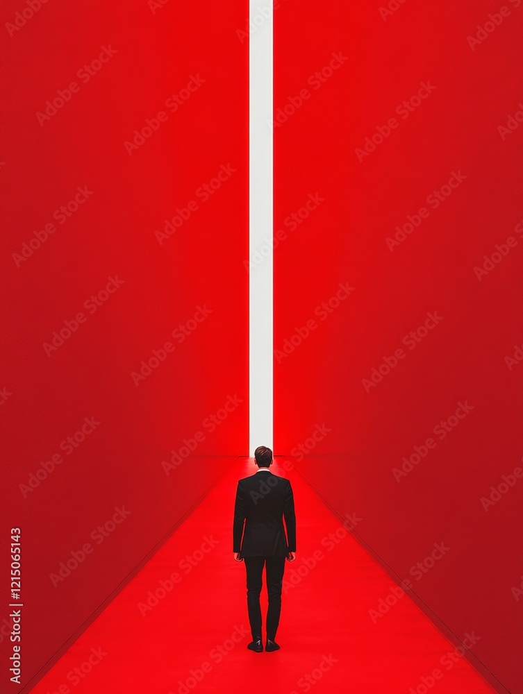 Poster minimalist business continuity visual man in black suit facing light path in red corridor - strategi