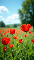 Obraz premium Red poppy flowers in a lush meadow against a blue sky, garden, meadow, red