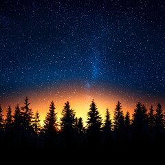 Fototapeta premium Starry Night Sky Over Silhouetted Forest Trees at Dusk