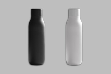 Black and white matte travel bottle mockup isolated on a background. 3d rendering.
