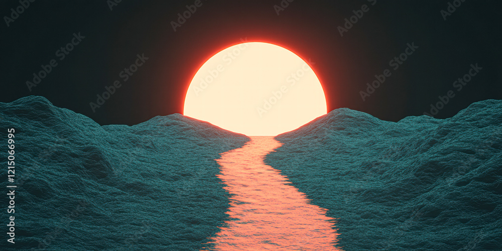 Wall mural a computer generated image of a river with a sun in the sky