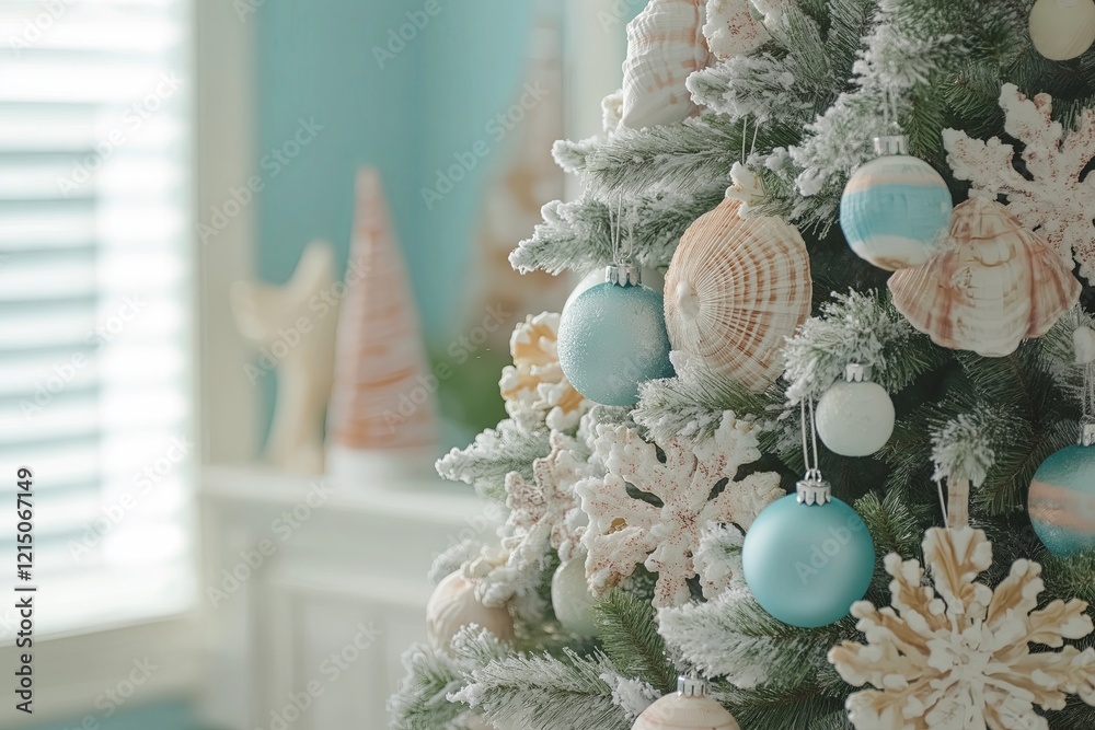 Poster a christmas tree adorned with seashell ornaments and soft coastal colors